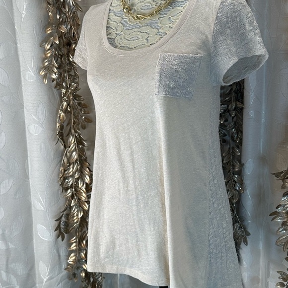 Anthropologie Tan Beige Sweater Knit Sleeve & Back Flowy Tee Shirt Women’s Small - Picture 3 of 11